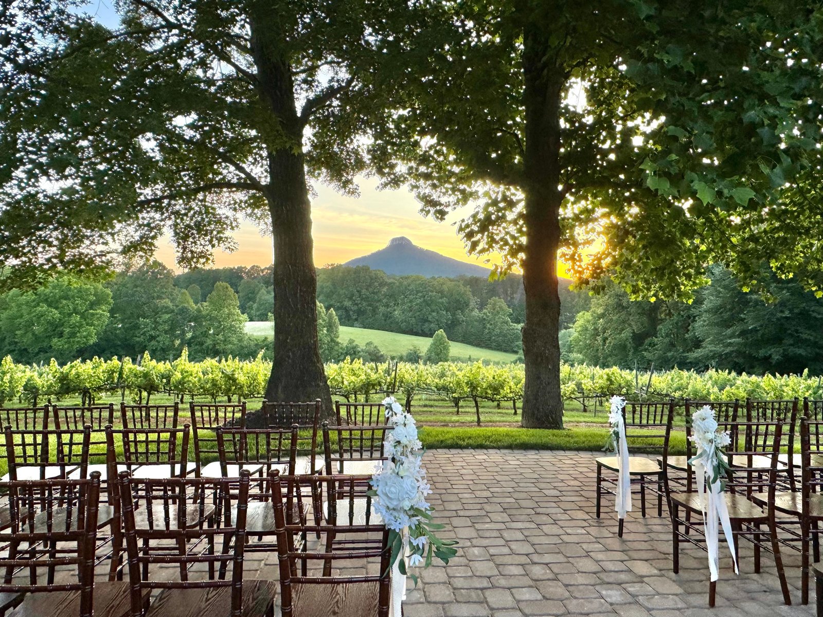 Ceremony aisle lined with empty chairs and floral markers facing vineyard and Pilot Mountain at sunset at Pilot Mountain Vineyards